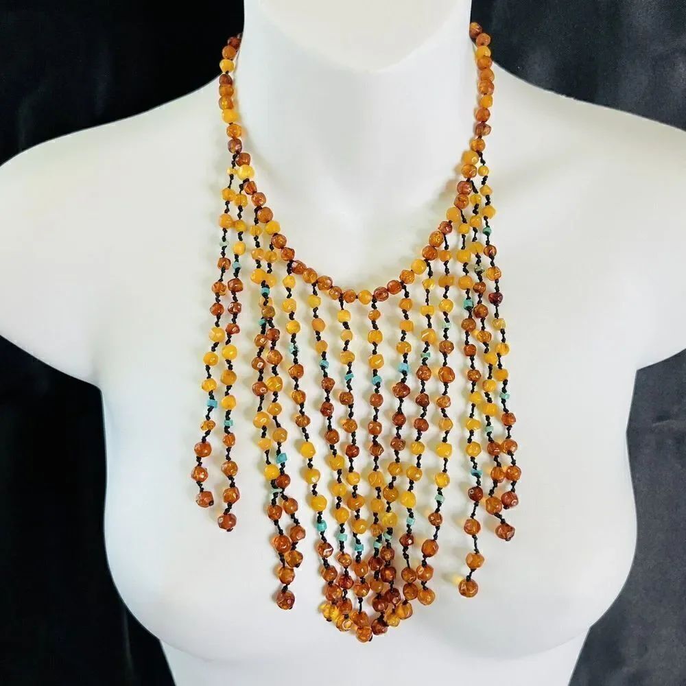 Vintage RARE Faux Amber Turqoise Knotted Dangle Strands Necklace Lightweight HTF